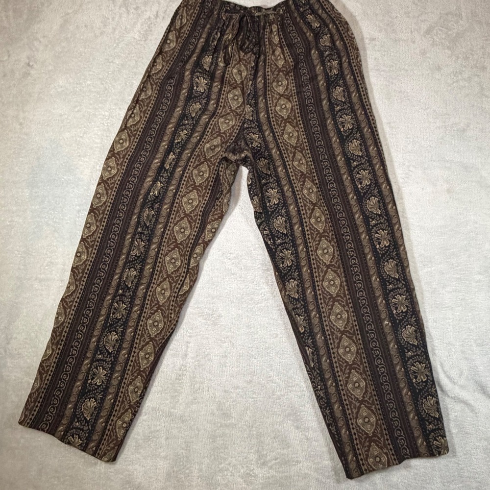 L'Amadei Petite Vintage Brown Damask Stripe‎ Elastic Waist Drawstring Pants